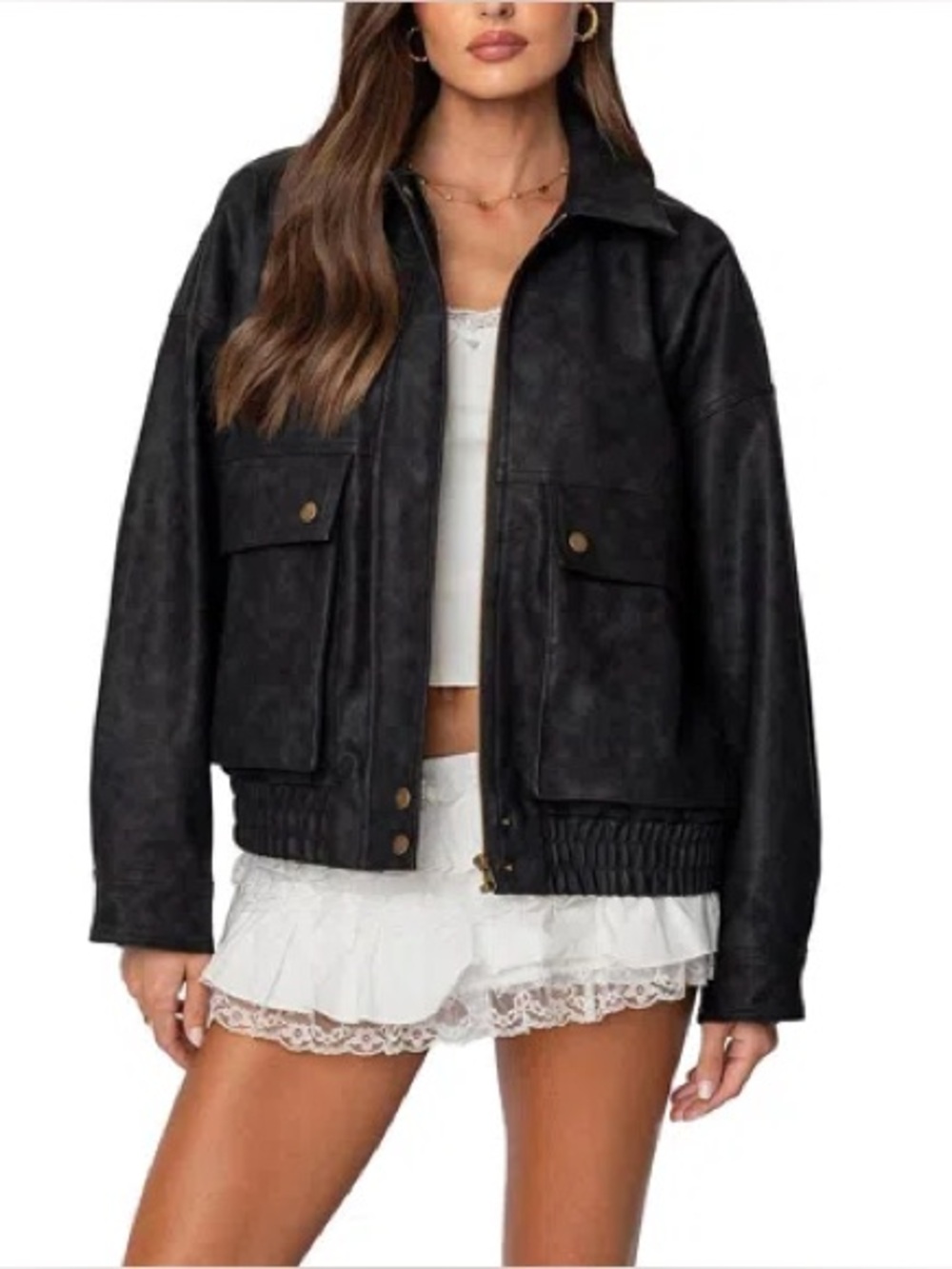 NEW Edikted Black Faux Leather Cargo Bomber Jacket w/ Utility Pockets Size Small